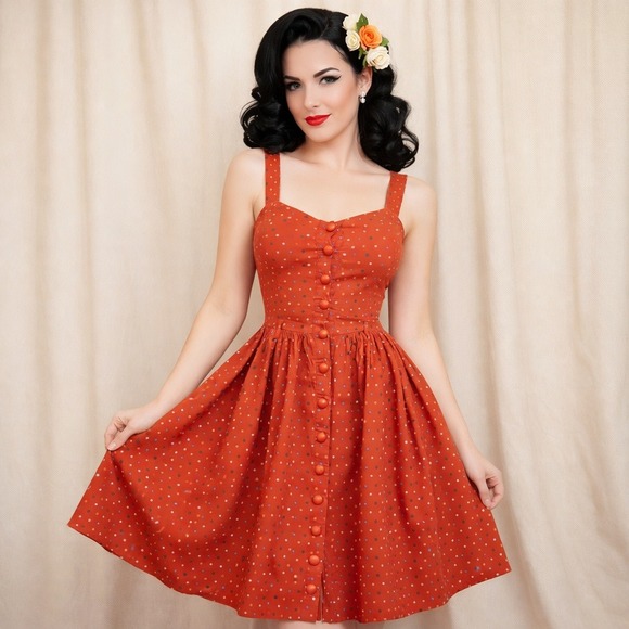 Collectif Dresses & Skirts - Collectif London Polka Dot Retro Sundress Orange Cotton Fit Flare Pinup XS